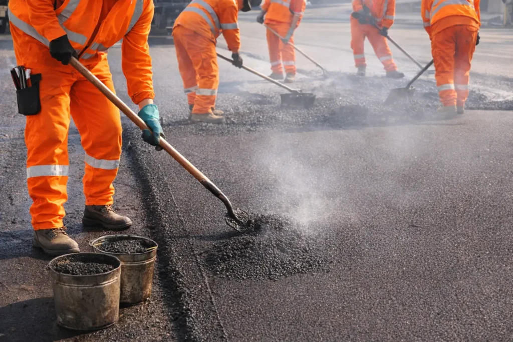 Crew of workers paving asphalt, using tools to spread hot asphalt — representing PH Contracting Inc.’s asphalt paving and maintenance services in Kitchener, Waterloo Region, Cambridge, and Guelph.