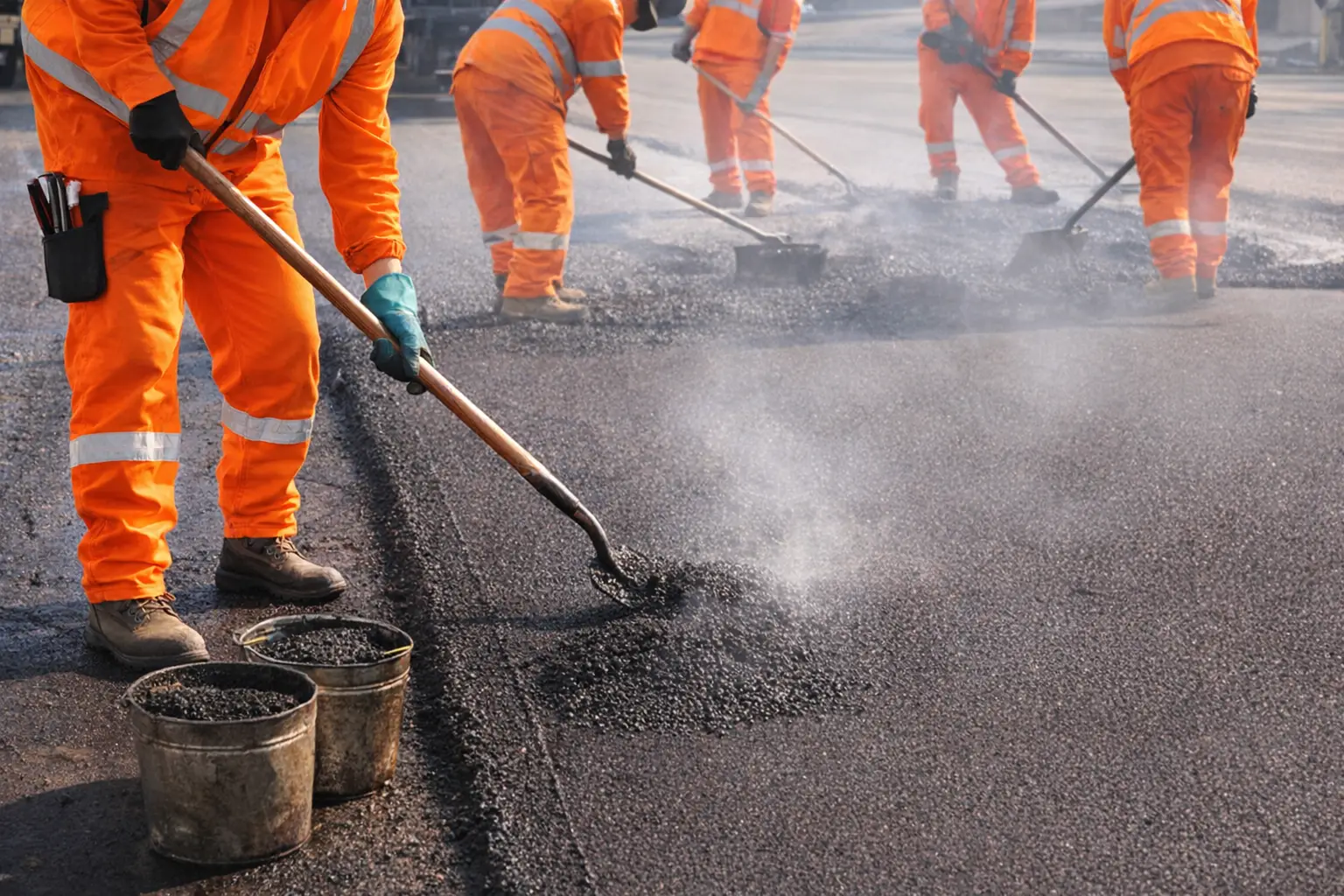 Crew of workers paving asphalt, using tools to spread hot asphalt — representing PH Contracting Inc.’s asphalt paving and maintenance services in Kitchener, Waterloo Region, Cambridge, and Guelph.