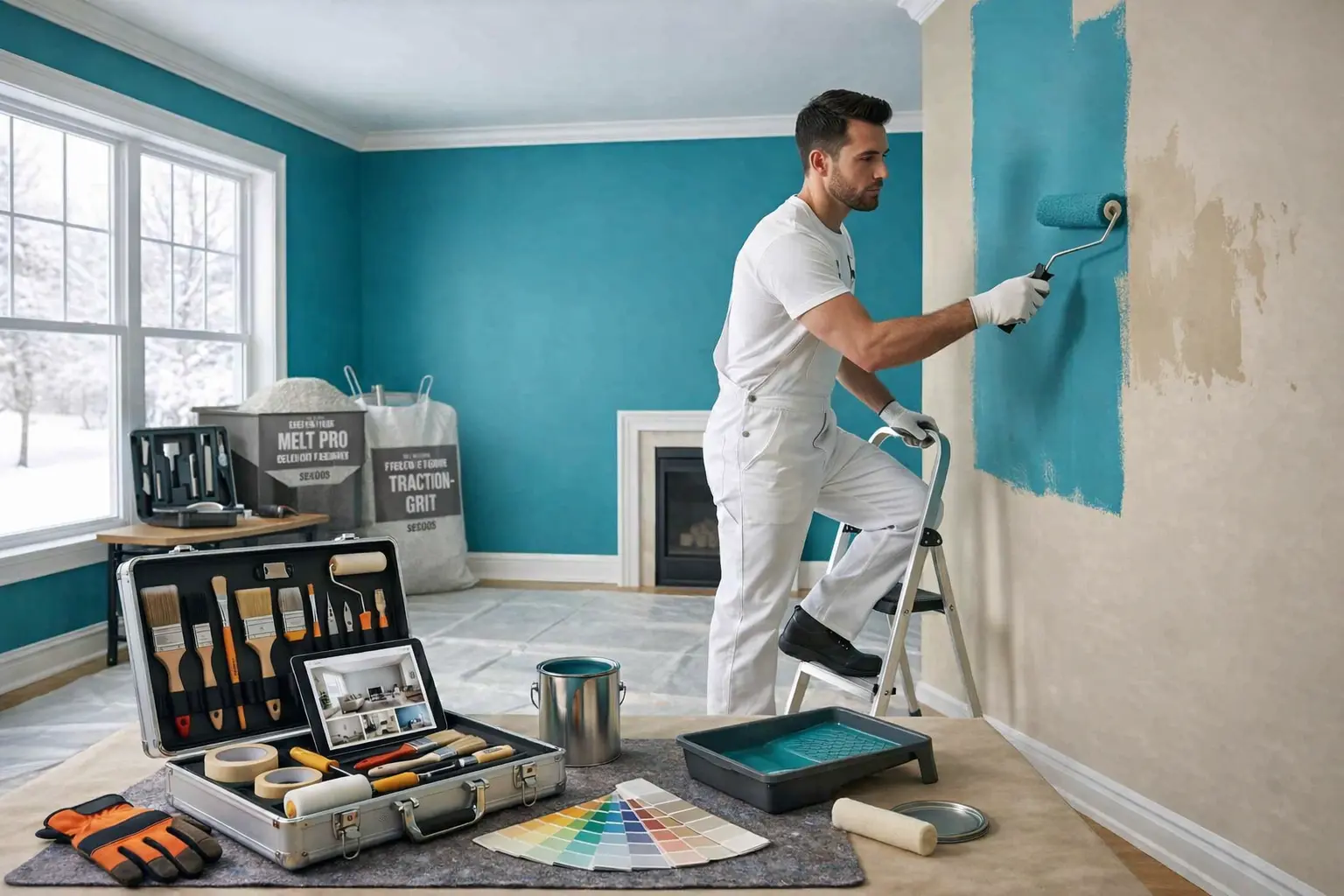 Professional painter applying teal paint to an interior wall using a roller, surrounded by painting tools and color samples — representing PH Contracting Inc.’s painting and finishing services in Kitchener, Waterloo Region, Cambridge, and Guelph.