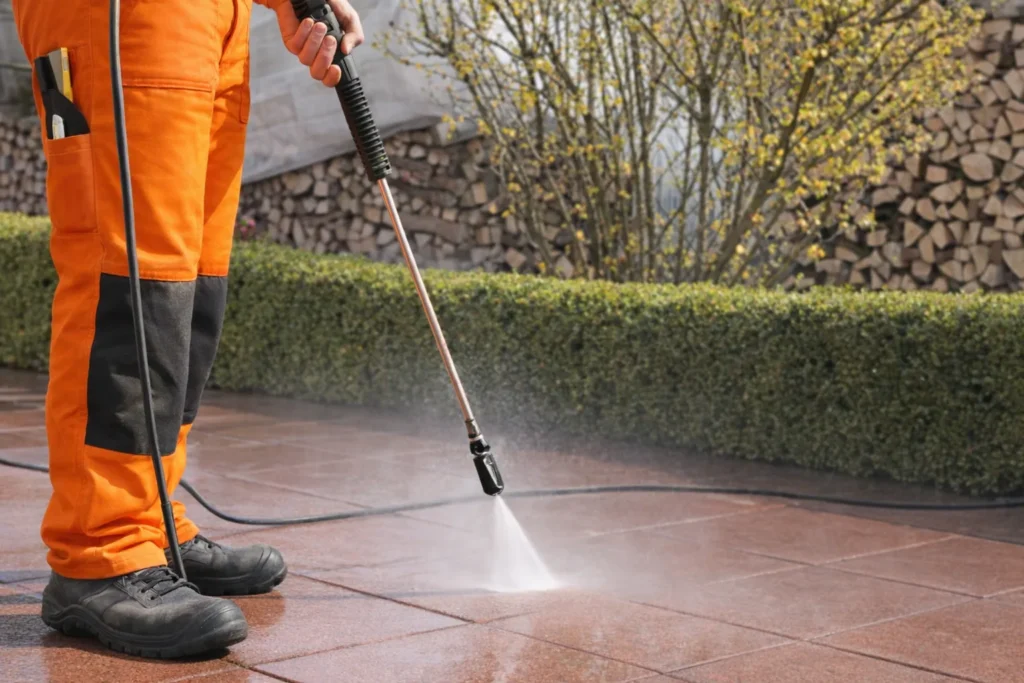 Professional worker power washing outdoor tiles with high‑pressure equipment — representing PH Contracting Inc.’s power washing and sweeping services in Kitchener, Waterloo Region, Cambridge, and Guelph.