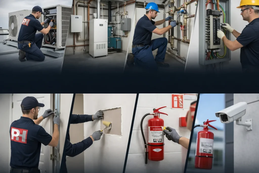 Professional technicians performing facility maintenance tasks including HVAC, electrical, plumbing, general repairs, and safety inspections in a clean, modern environment.