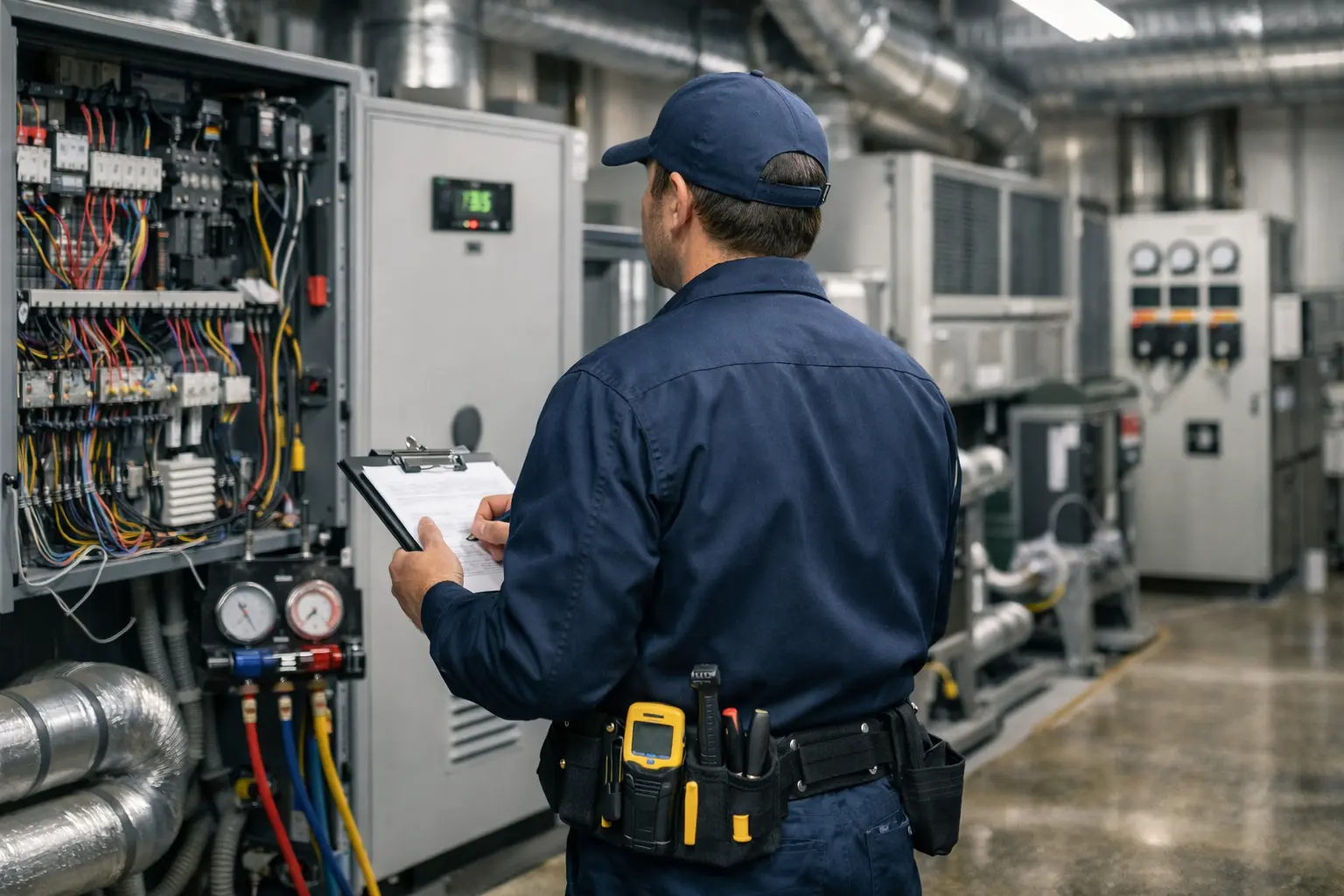 HVAC technician inspecting air conditioning control room equipment — representing PH Contracting Inc.’s building maintenance and inspection services in Kitchener, Waterloo Region, Cambridge, and Guelph.