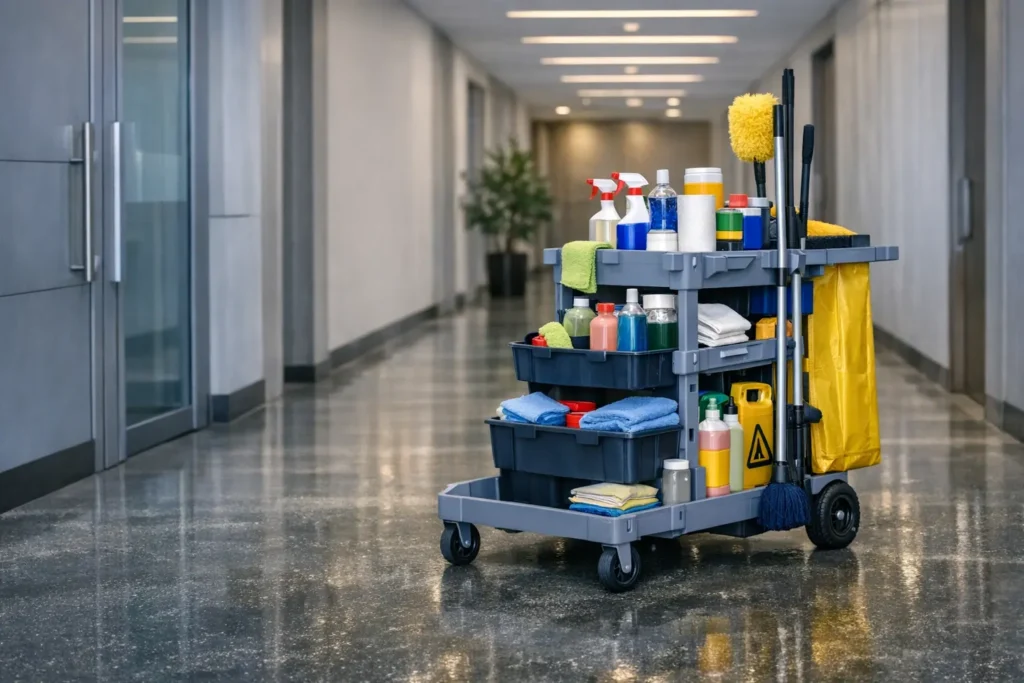 Janitorial cleaning cart filled with supplies in a modern office hallway — representing PH Contracting Inc.’s janitorial and maintenance services in Kitchener, Waterloo Region, Cambridge, and Guelph.