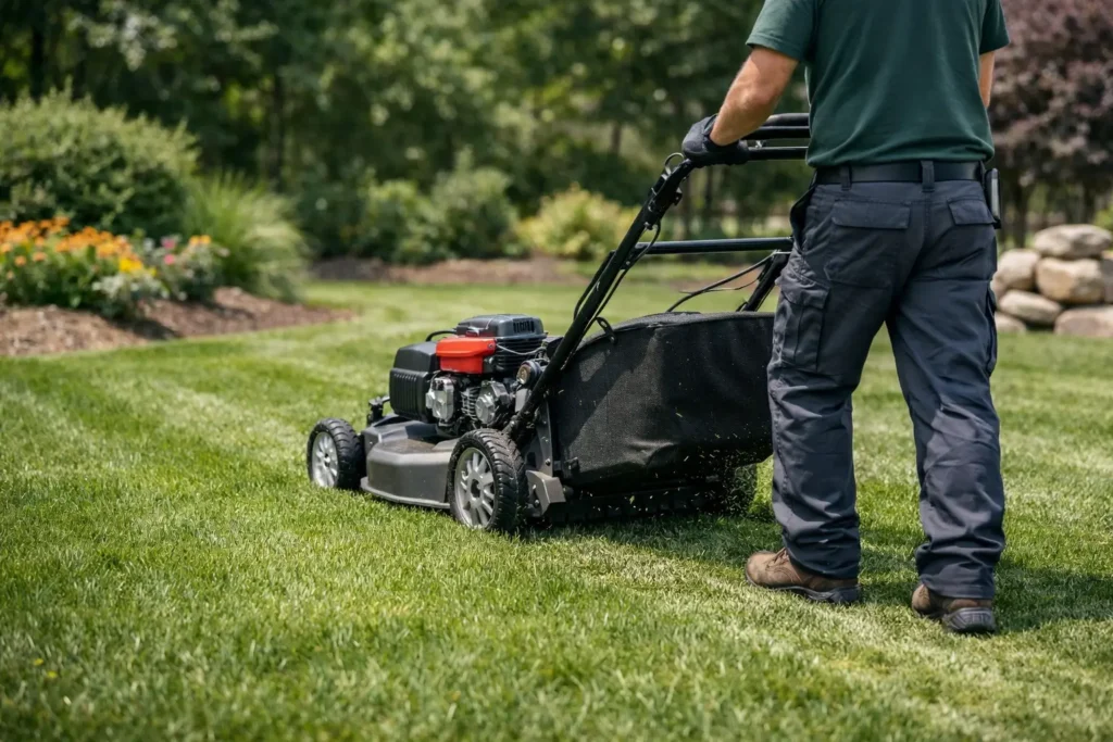Landscaper mowing green lawn with a professional grass cutter — representing PH Contracting Inc.’s landscaping and lawn care services in Kitchener, Waterloo Region, Cambridge, and Guelph.