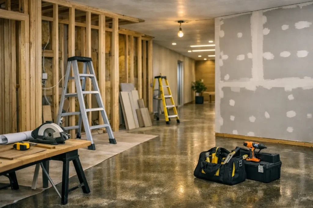 Interior of a house under renovation with exposed wooden framing, ladders, and construction tools — representing PH Contracting Inc.’s residential and commercial renovation services in Kitchener, Waterloo Region, Cambridge, and Guelph.