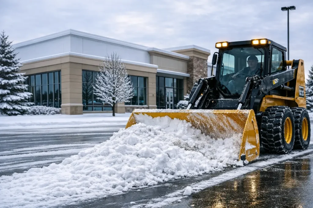 Yellow skid‑steer loader clearing snow in front of a commercial building — representing PH Contracting Inc.’s commercial snow removal services in Kitchener, Waterloo Region, Cambridge, and Guelph.