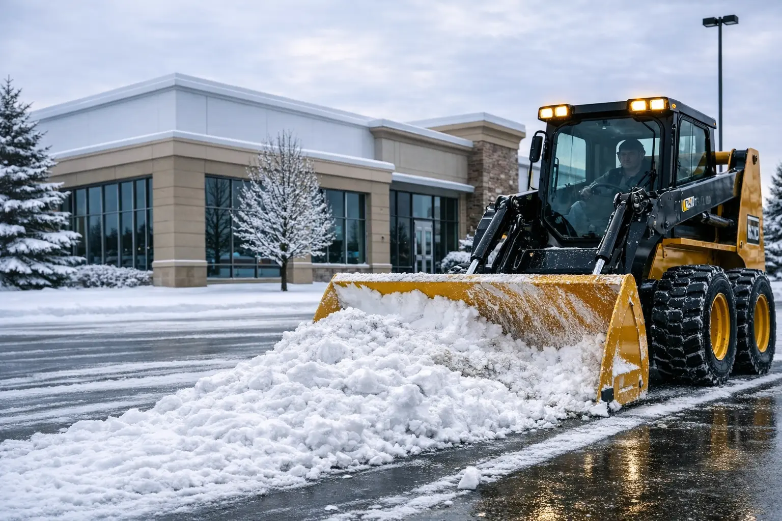 Yellow skid‑steer loader clearing snow in front of a commercial building — representing PH Contracting Inc.’s commercial snow removal services in Kitchener, Waterloo Region, Cambridge, and Guelph.